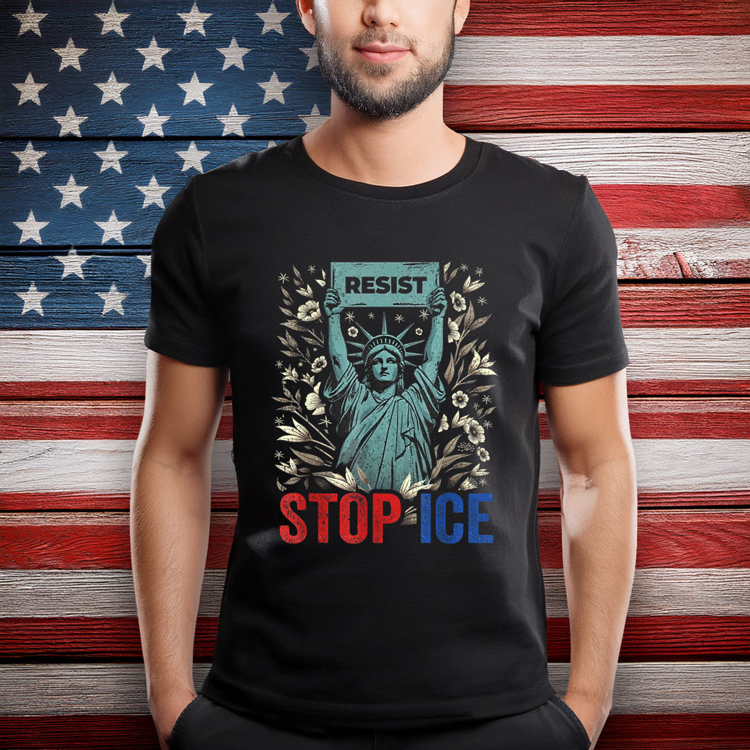 Stop ICE Funny Statue of Liberty Boho Floral Resist Retro T-Shirt